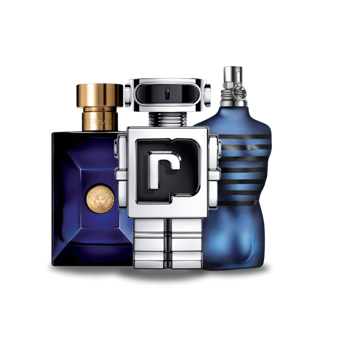 Set of 3 Perfumes: Versace DYLAN BLUE, Paco Rabanne PHANTOM, and Jean Paul Gaultier ULTRA MALE Eau de Parfum – 100ml each