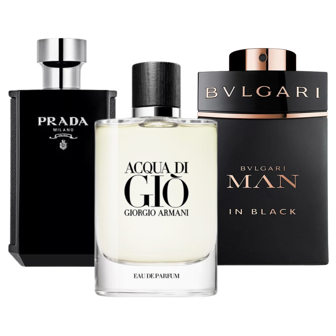 Package of 3 Perfumes: Bvlgari In Black, Giorgio Armani Acqua Di Gio, L'Homme Prada Intense (Eau de Parfum)
